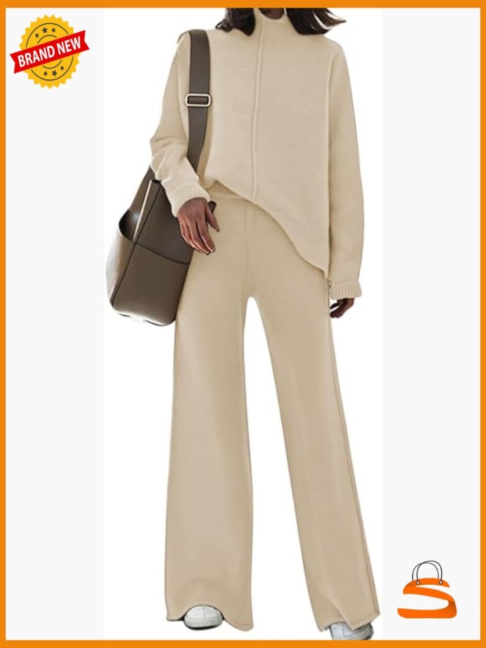 2 Piece Knit Sweatsuit Set Lounge Turtleneck Top and Wide Leg Pants Outfit